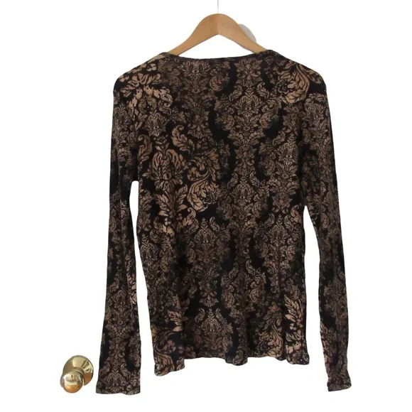 Jones New York Sport Black Brown Ribbed Henley Top Large Floral Y2K Victorian - Picture 2 of 8